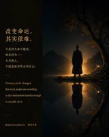 A robed figure by a still lake at night, reflected in the water: changing your destiny is hard